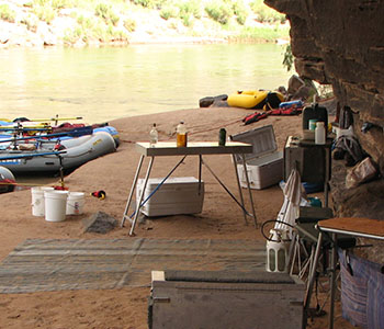 Campsite setup for overnight rafting trip